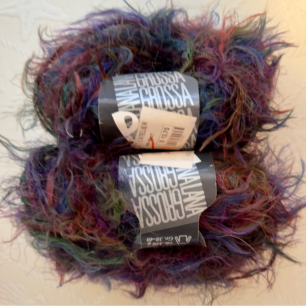 Lana Grossa Pep Print Blue, Purple, Red, Green Furry Fuzzy Yarn, 2 skeins